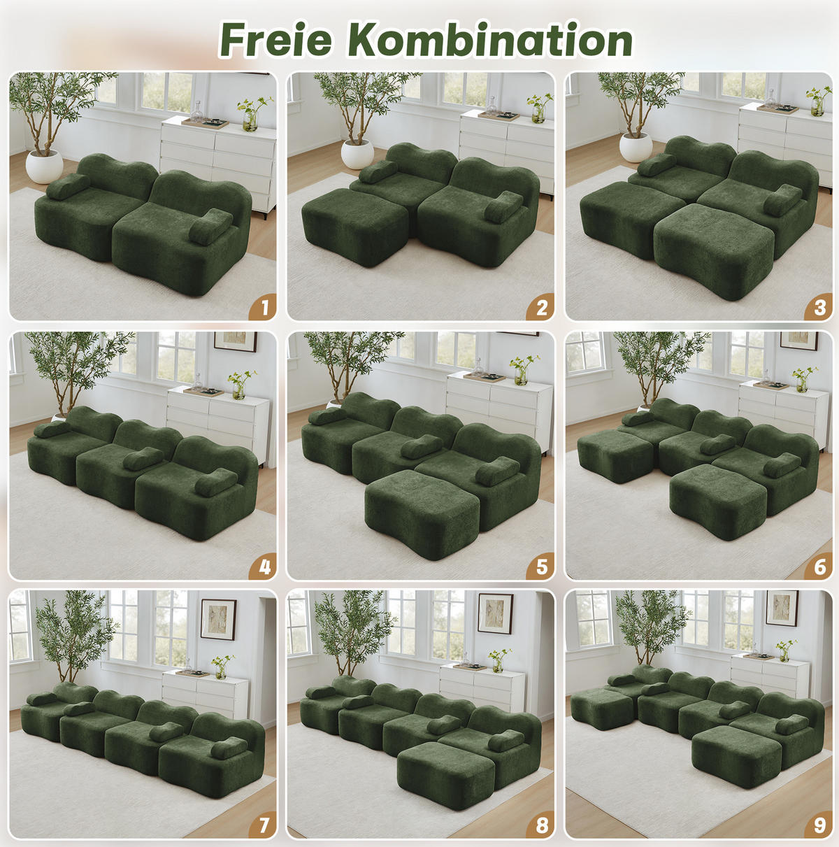 SOFA 288/167/70 cm in Grün aus Samt mit Wellenform und Hocker - Grün, Textil (167/70/288cm) - Flora Grace