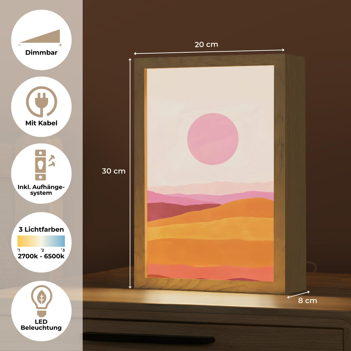 STOLNÍ LAMPA Kopce - oranžová - slunce - abstraktní 20x30 cm - chromová, kompozitní dřevo (8/20/30cm) - OnlyWow