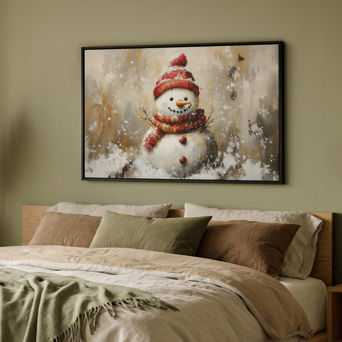 LEINWAND Bilder mit Rahmen - Schneemann - Winter - Schnee - Beige - 90x60 - Weiß, Textil (90/60cm) - MuchoWow