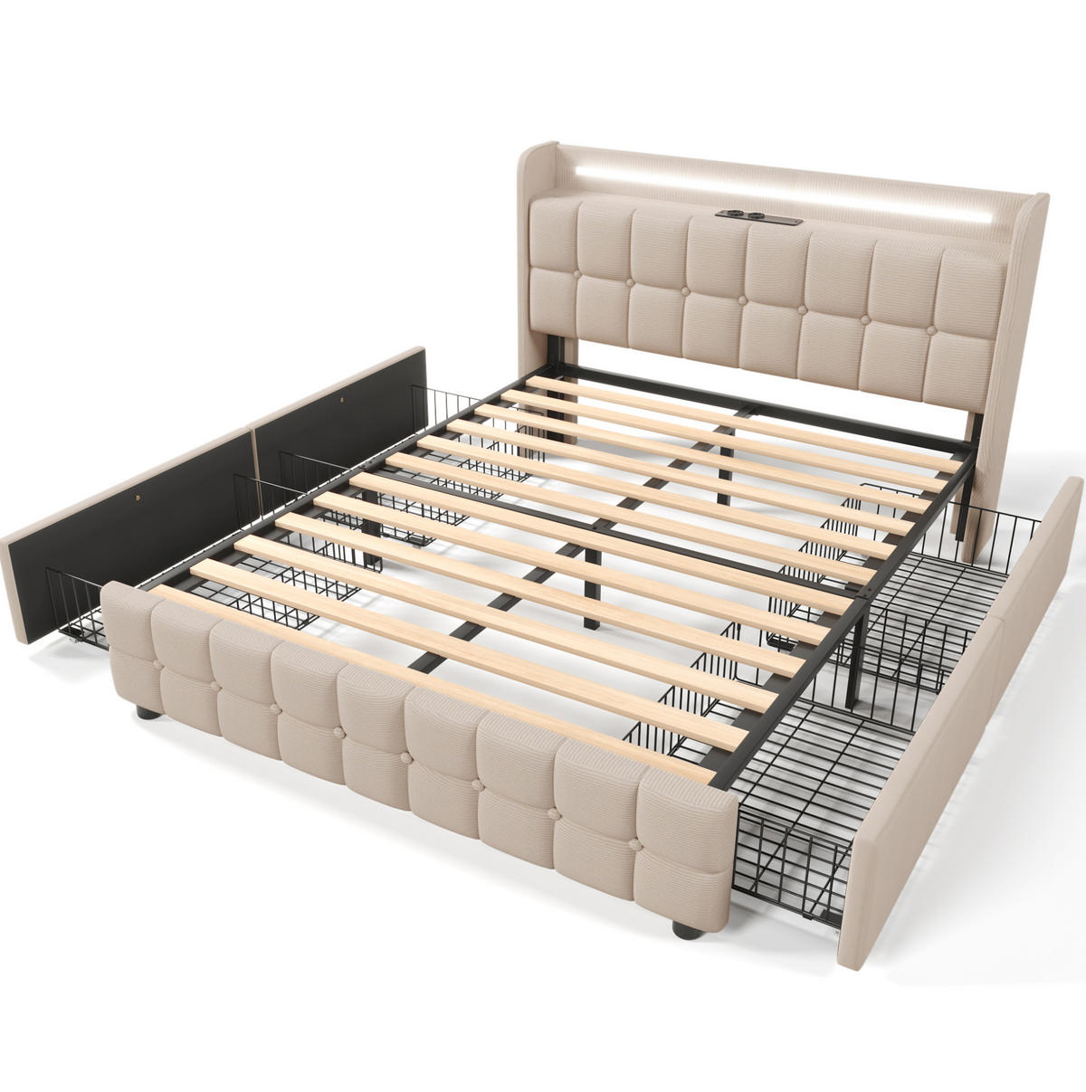 POLSTERBETT 160/200 cm mit USB, Steckdosen, LED-Beleuchtung, 4 Schubladen und Matratze, Beige - Beige, Holz (160/160cm) - Redom