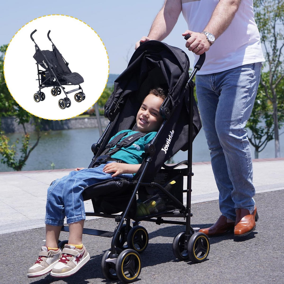 BUGGY Kinderwagen Reisebuggy bis 22kg mit Liegefunktion und Verdeck schwarz - Schwarz, Metall (51/81/104.5cm) - Raelunyi