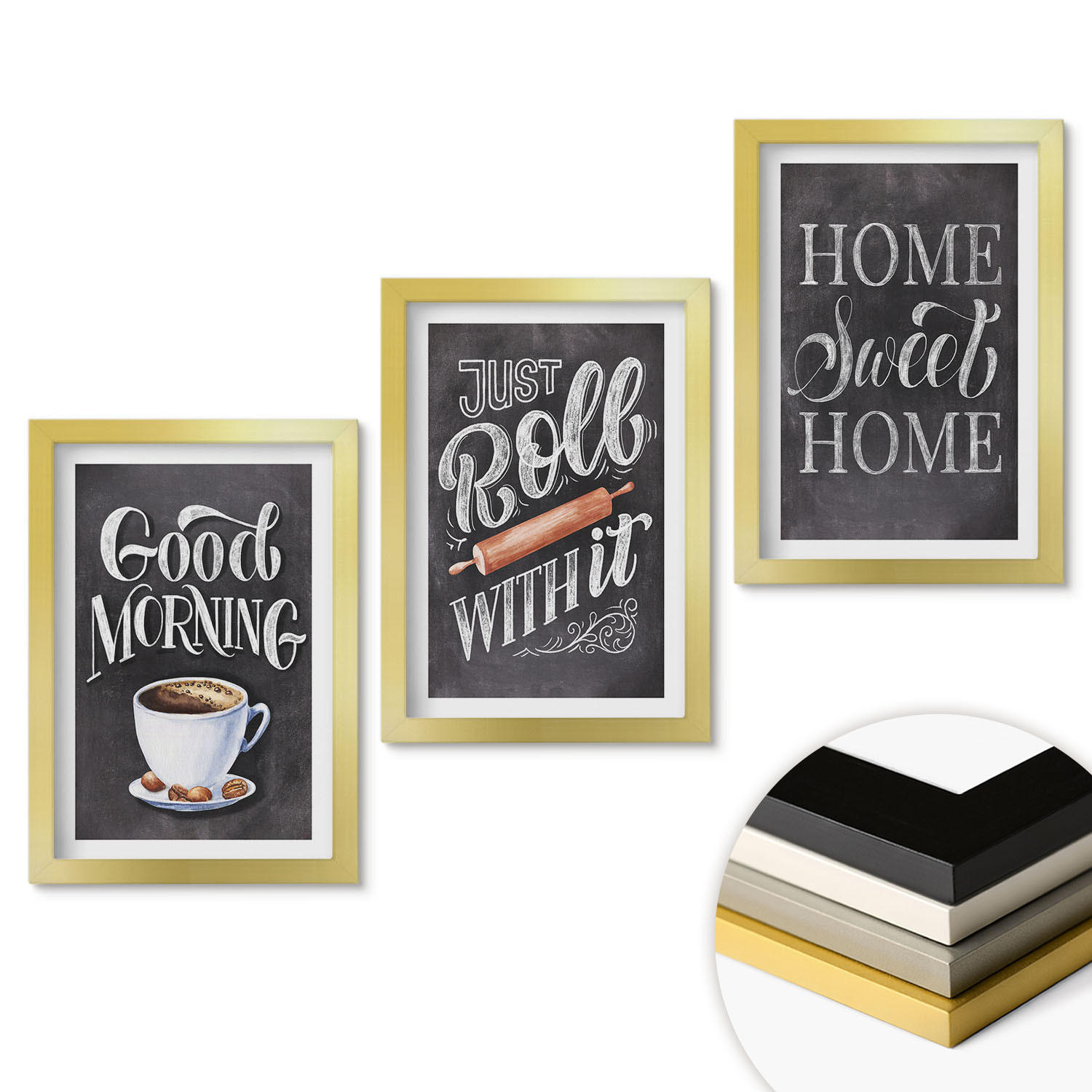 WANDBILDER 3er Set - 20x30 cm Goldrahmen - Motive und Inschriften für die Küche - Goldfarben, Kunststoff (20/30cm) - ArtPrintCave