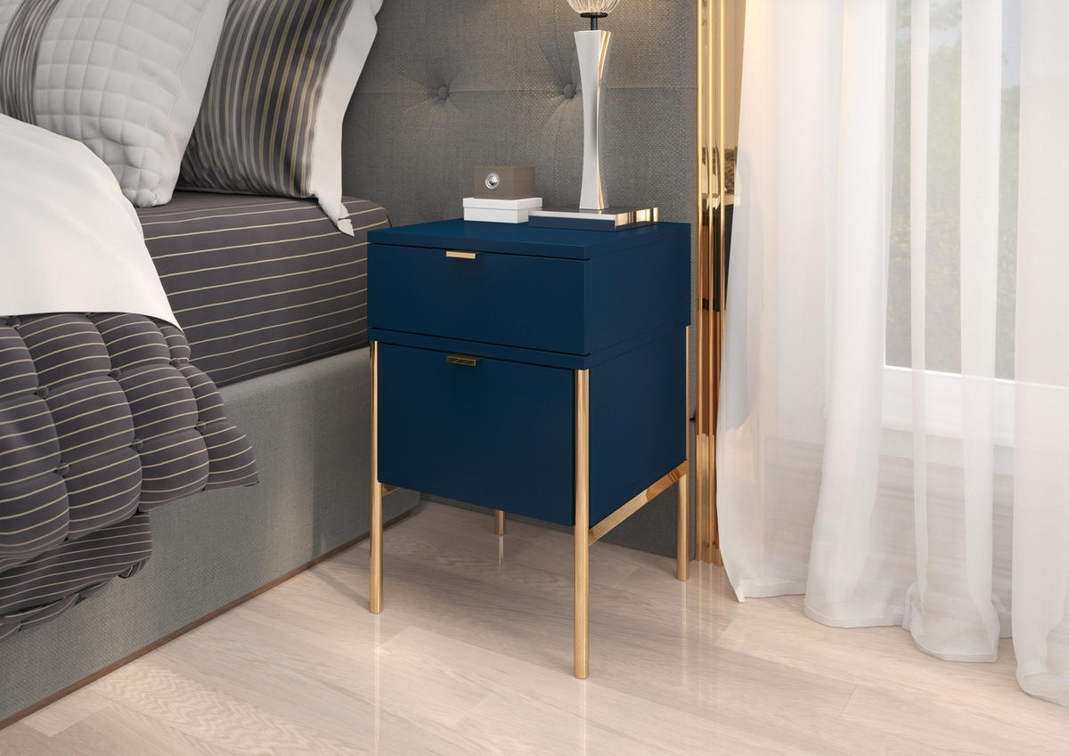 NACHTTISCH Polka, Marineblau, Goldene Details - Goldfarben/Dunkelblau, Holzwerkstoff/Metall (38/59/37cm) - Skandica