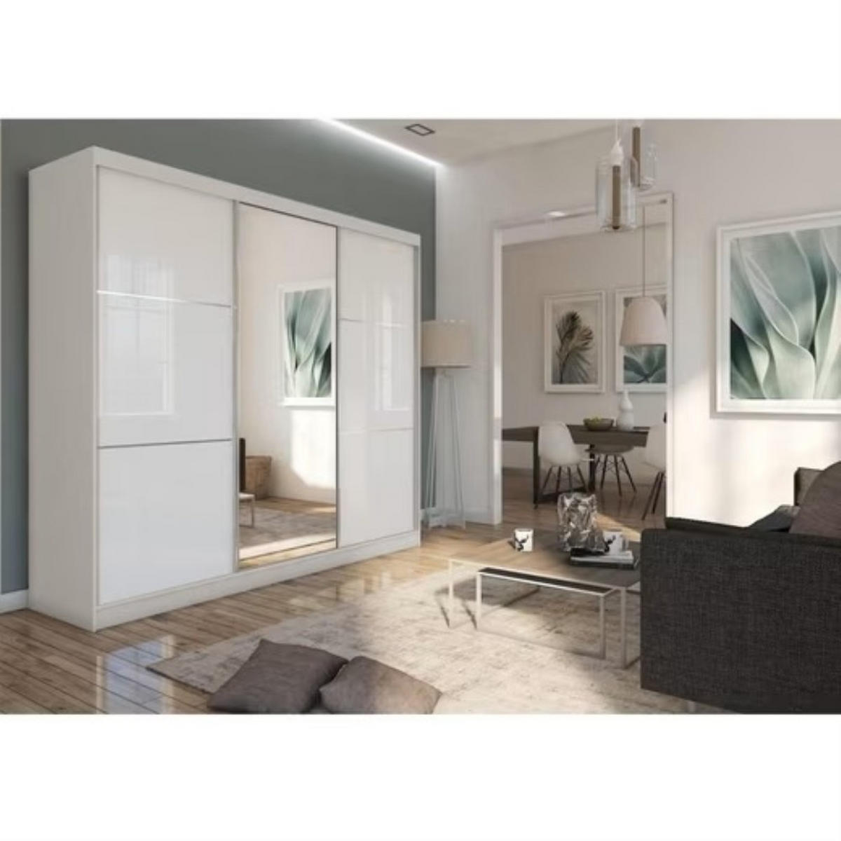 SCHWEBETÜRENSCHRANK Viva II 240/216/61 kaschmirmit Lacobel-Glas und Schubladen - Kaschmir, Holzwerkstoff (240/216/61cm) - Beautysofa