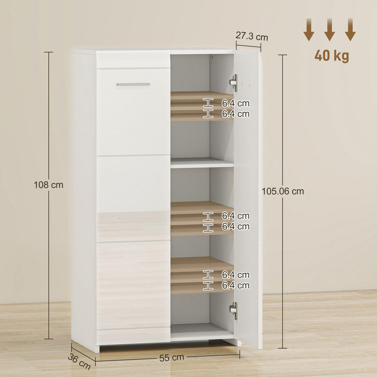SCHUHREGAL,5 verstellbare Ablagen Hochglanzweiß 55x36x108cm - Weiß, Holzwerkstoff (55/108/36cm) - Vallsero