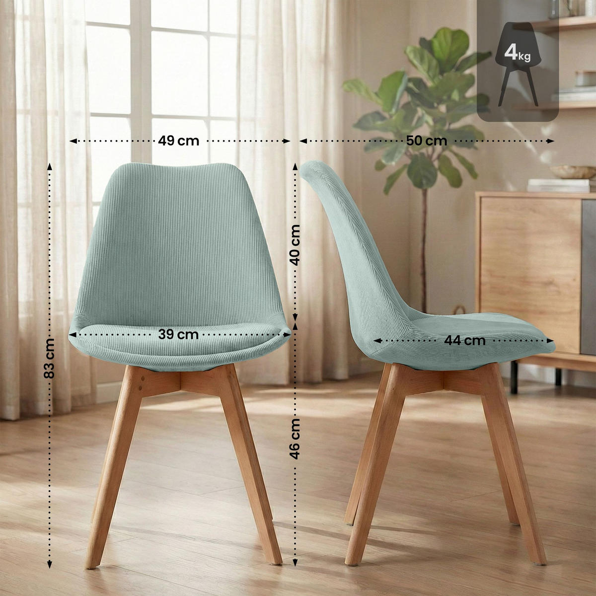 STUHL Cord Türkis - Türkis/Eukalyptusholzfarben, Holz/Textil (49/83/50cm) - CLP