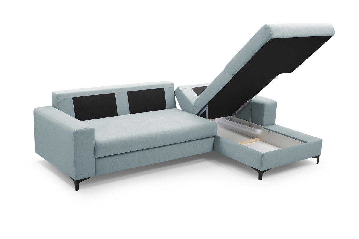 ECKSOFA AVRA L-förmig, mit Stauraumbehälter-in RINO-Stoff, Komfort & Eleganz, lose Rückenkissen, freistehend, RECHTS 251x165x85 cm Light blue - Hellblau, Holz/Textil (251/165cm) - DomoHome