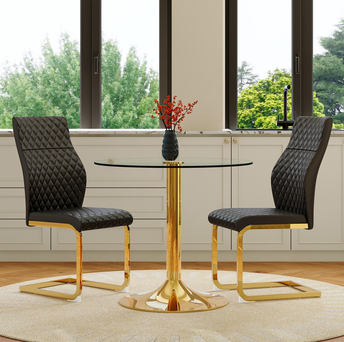 ESSZIMMER-SET Glastisch mit 2 Stühlen 85 cm Schwarz/Gold - Multicolor, Metall (85/76/85cm) - Meubliv