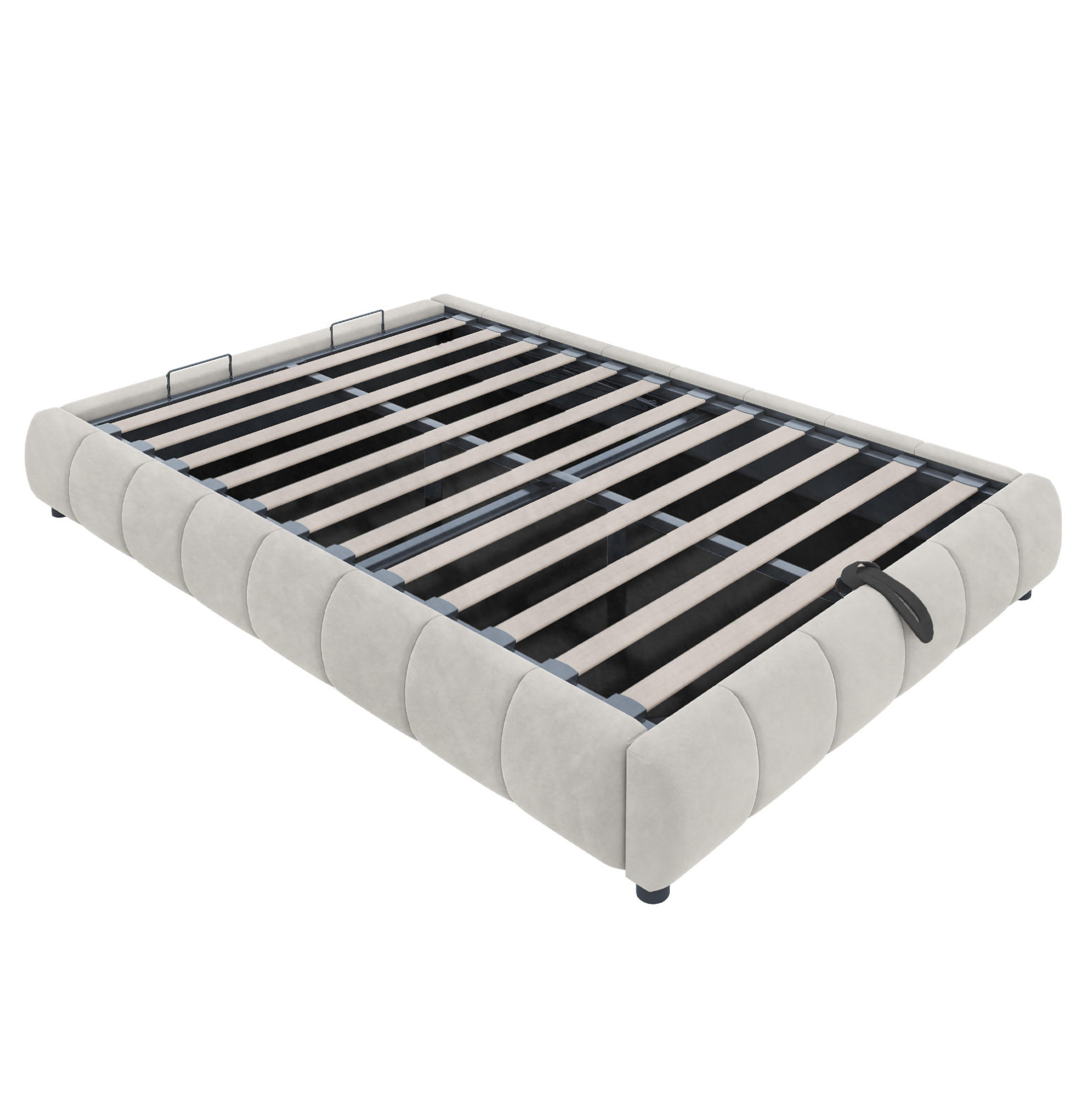 Modfu ČALOUNĚNÁ postel z flanelu 140x200 cm béžová s LED osvětlením, hydraulickým úložným prostorem a bez čela