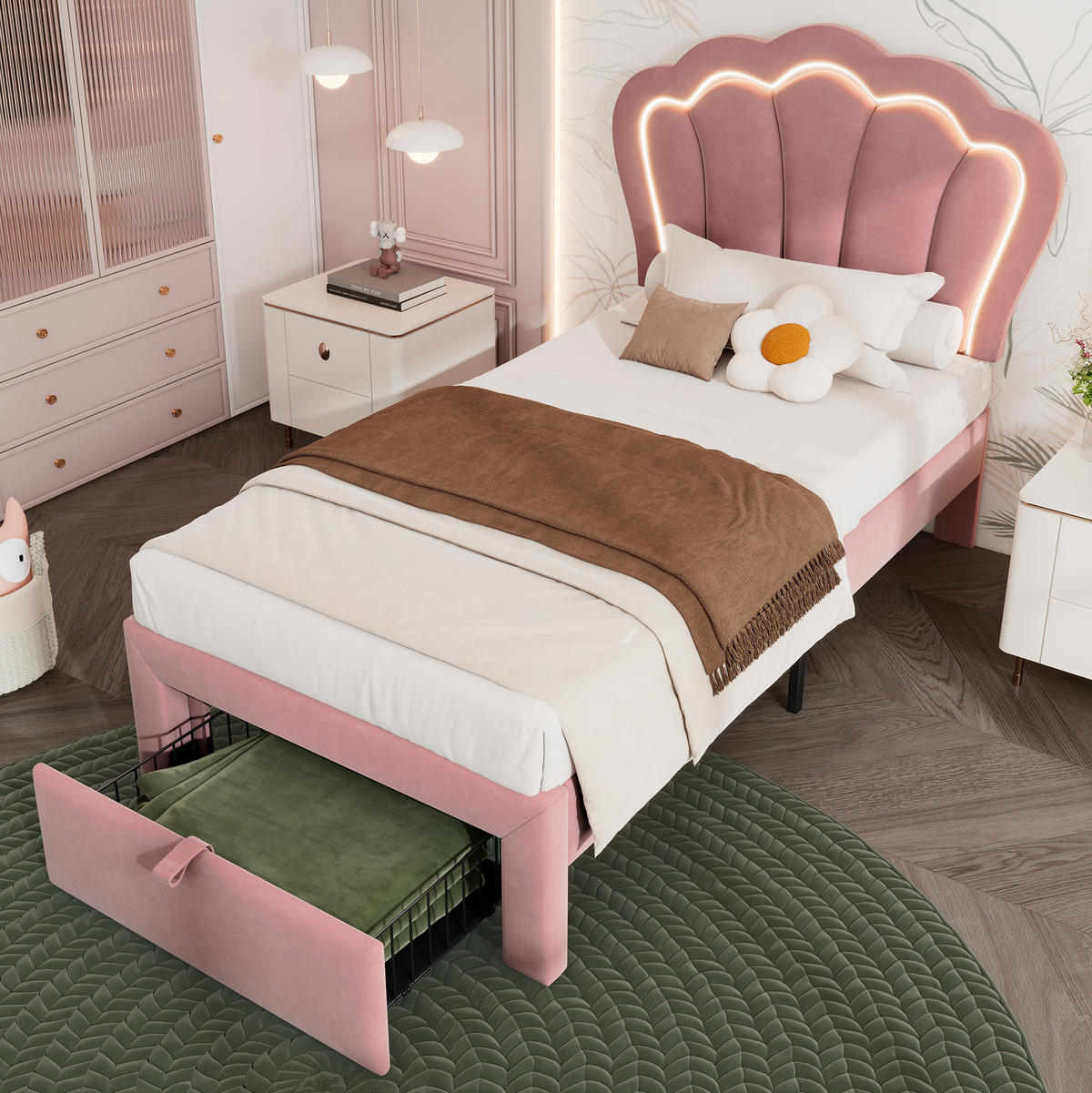 KINDEREINZELBETTEN aus Samt 90x200 cm in Rosa mit LED & Schublade - Rosa, Textil (90/200cm) - Modfu