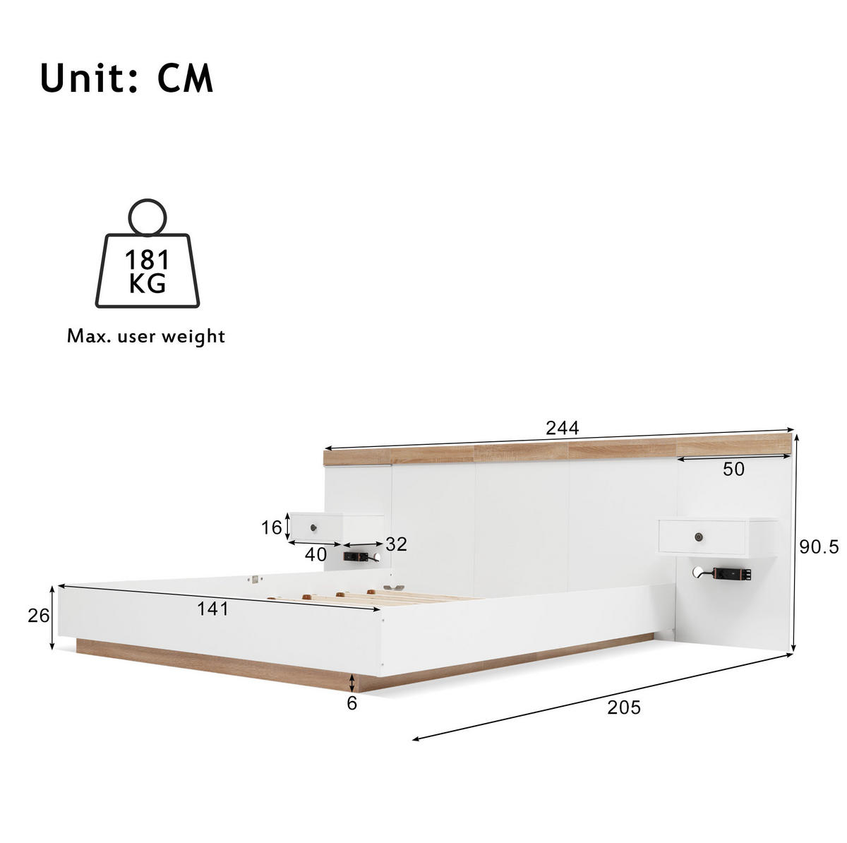 BETT 140/200 cm Weiß/Sonoma-Eiche aus Holzwerkstoff mit 2 LED-Nachtkommoden - Weiß, Holzwerkstoff (140/200cm) - OKMYHOME