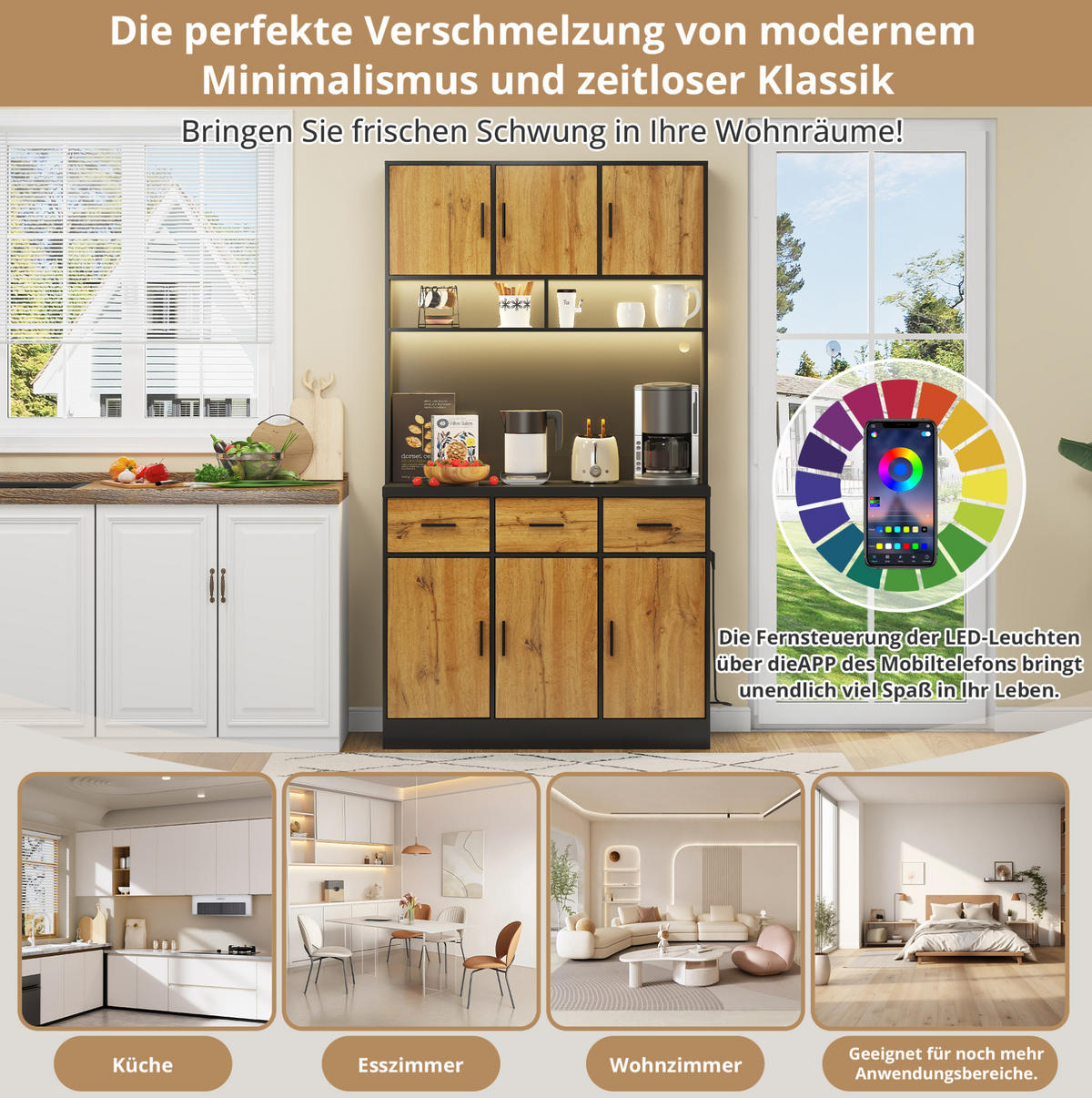 BUFFETSCHRANK 100/40/180 cm schwarz/natur aus MDF mit LED - Schwarz, Holzwerkstoff (100/180/40cm) - OKWISH