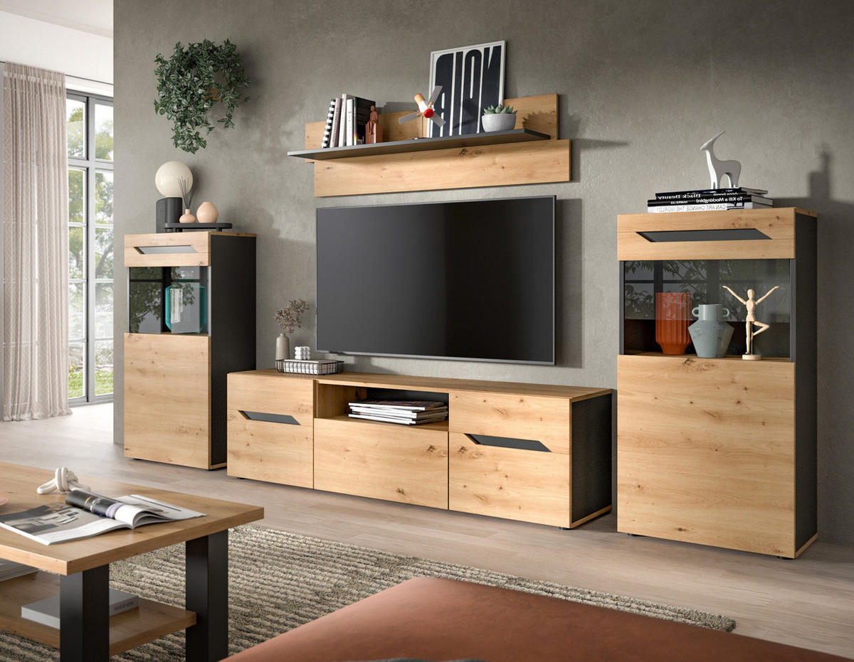 WOHNWAND Eiche Artisan und Grau, Set mit 2x Vitrine hängend / stehend, Breite 260 cm - Dunkelgrau/Schwarz, Glas/Holzwerkstoff (354/196/40cm) - Inn.Furn