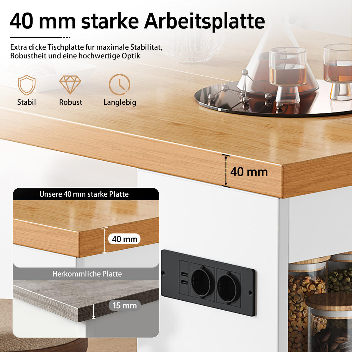 KUCHYŇSKÝ OSTRŮVEK v bílé barvě s LED osvětlením a zásuvkou do kuchyně a jídelny, 155×80×90 cm - bílá/přírodní, kompozitní dřevo (155/90/80cm) - STILVORA