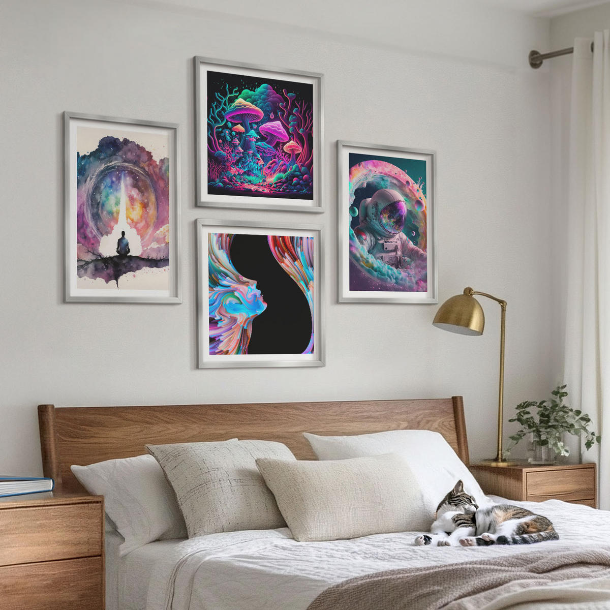 BILDER SET 4er Set - 50x50 cm & 40x60 cm Silberner Rahmen - Farbenfrohe Fantasy-Kunstillustrationen - Silberfarben, Kunststoff (50/50cm) - TULUP
