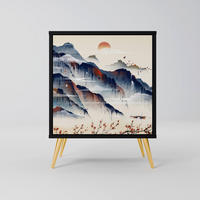 SIDEBOARD JAPANESE LANDSCAPE, Schwarz, 57,5x42x75,5 cm, Goldfarbene Metallfüße - Goldfarben/Multicolor, Holzwerkstoff/Metall (57.5/75.5/42cm) - SpaceRebels