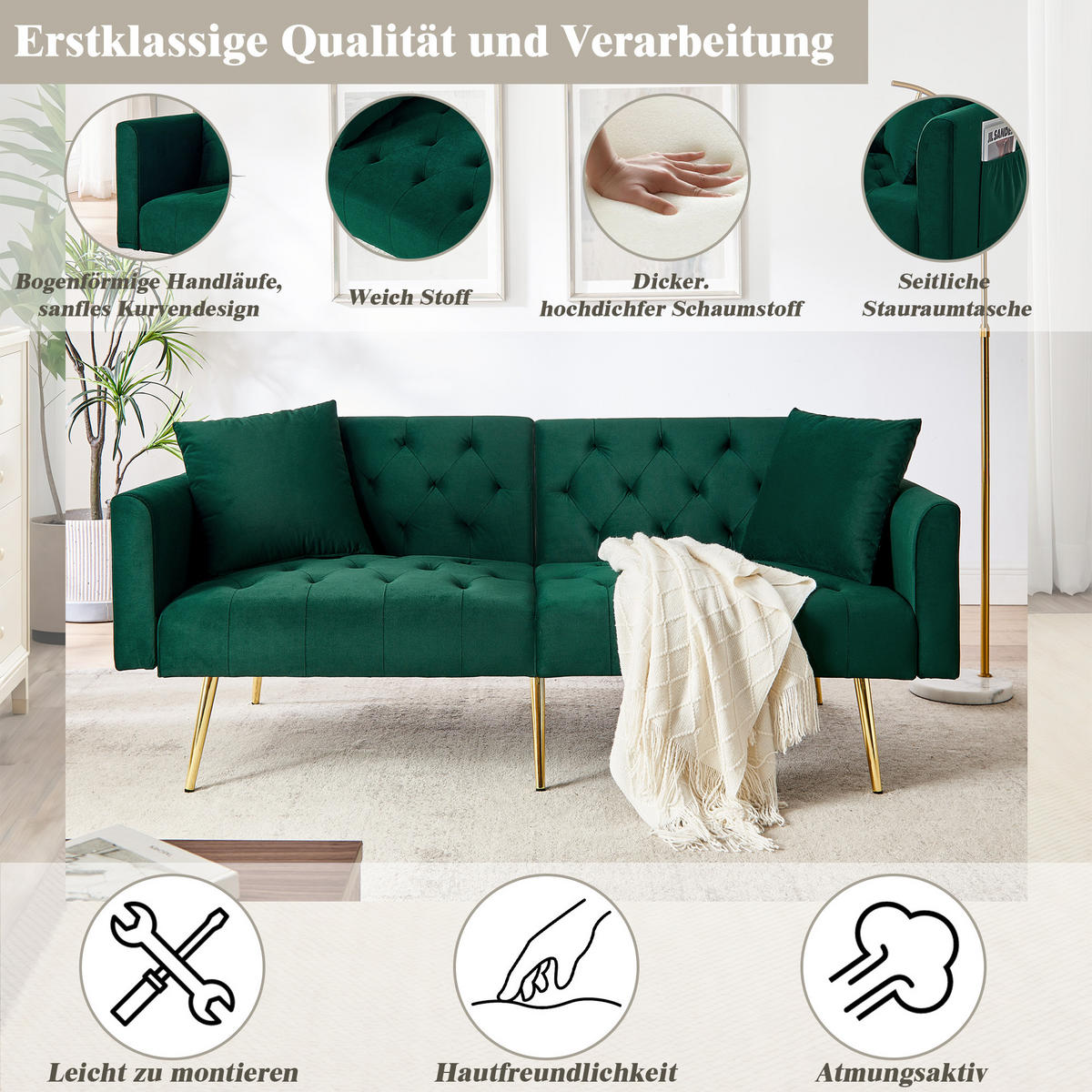 SCHLAFSOFA 177/78/74 cm in Green Samt mit Aufbewahrungstasche - Grün, Textil (78/74/177cm) - Oxeza