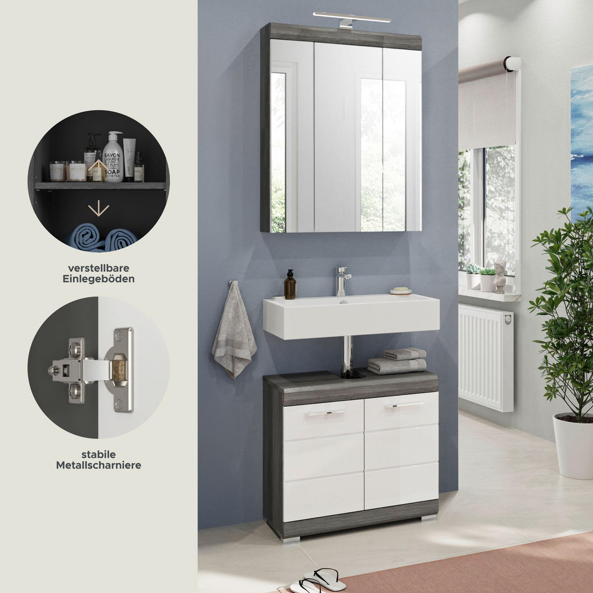 BADKOMBINATION 2tlg. Scout Bad in Rauchsilber Nachbildung und weiß hochglanz B/H/T: 60x191x34 cm - Anthrazit, Holz (60/191/34cm)