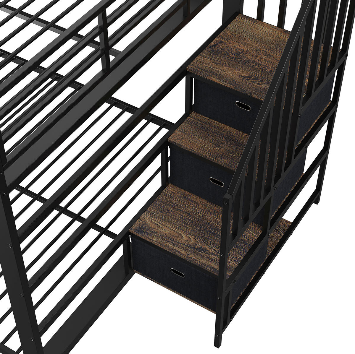 ETAGENBETT aus MDF und Metall 140x200 cm Schwarz mit Stauraumtreppe, LED-Lichtband und USB-Anschlüssen - Schwarz, Holzwerkstoff (140/200cm) - Modfu