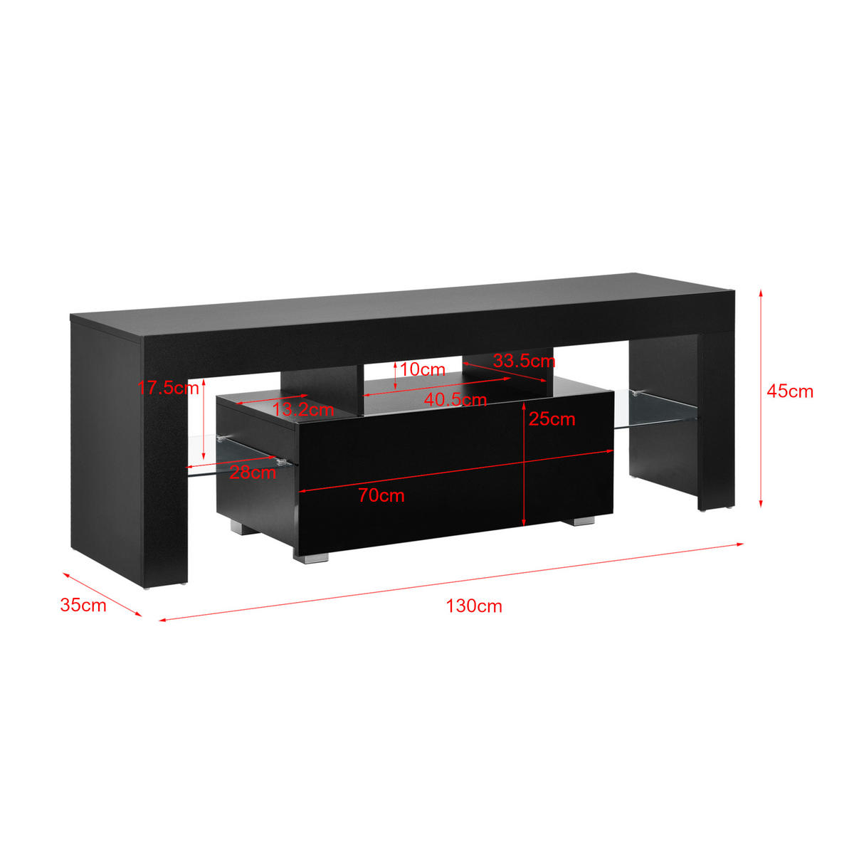 TV-ELEMENT Grimsey - Schwarz Hochglanz, Glas/Holzwerkstoff (130/45/35cm) - [en.casa]