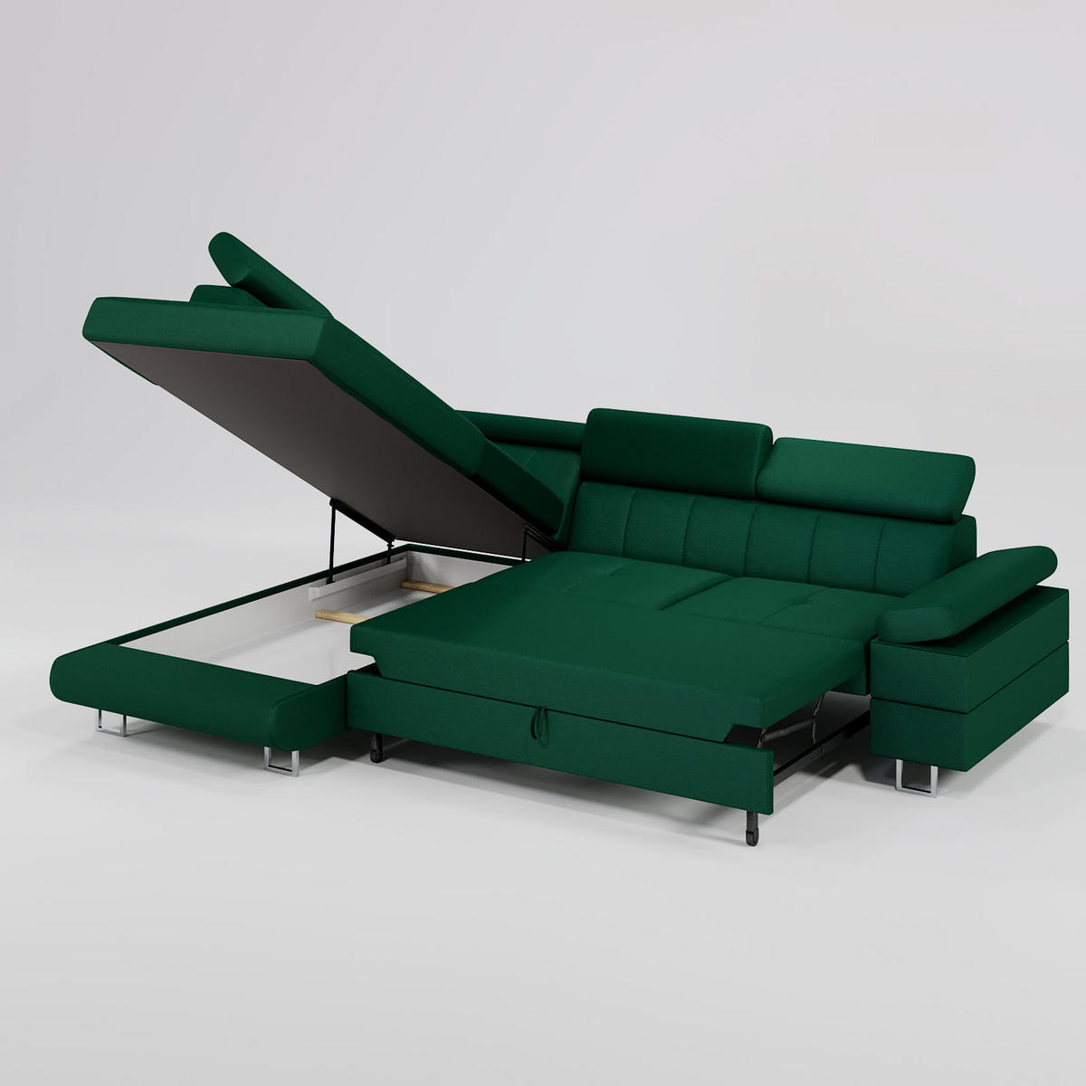 ECKSOFA CAROLINE Rechts Dunkelblau Velours-Stoff mit Schlaffunktion und Bettkasten - Chromfarben/Dunkelblau, Textil (253/190cm) - Barchello