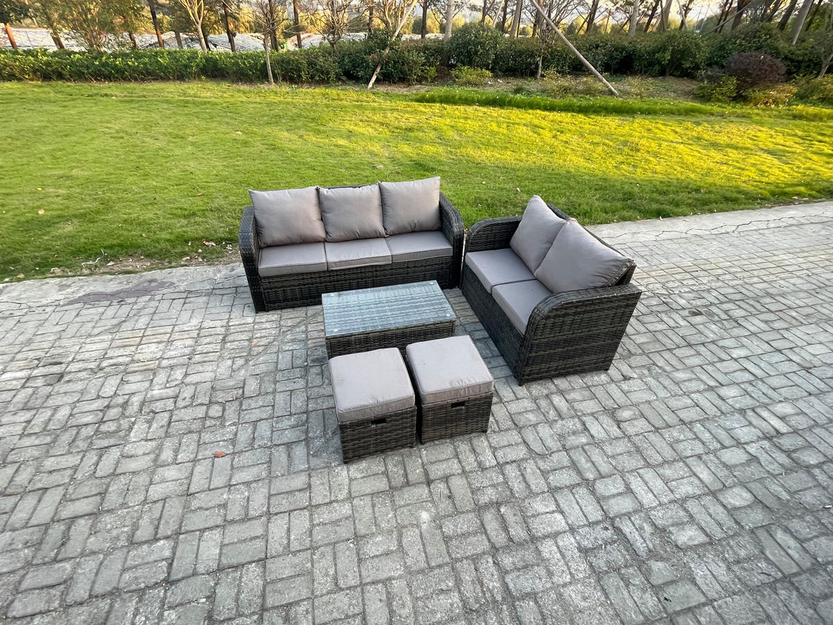 GARTENMÖBELSET mit Couchtisch Polyrattan 7-Sitzer - Dunkelgrau/Grau, Glas/Kunststoff - Fimous