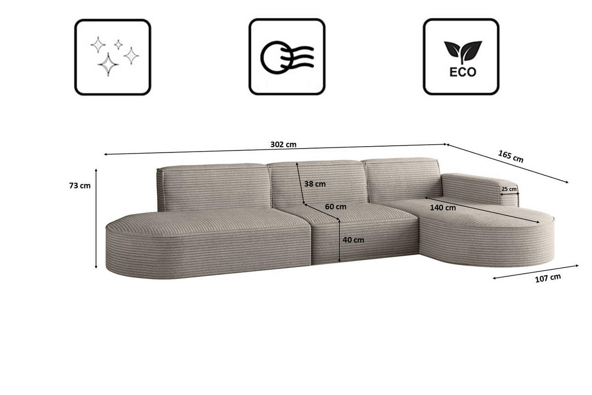 ECKSOFA Designer, Sofa L form MODENA 302 cm stoff Poso Hellbraun Rechts - Hellbraun, Holz (302/296cm) - Kaiser Möbel