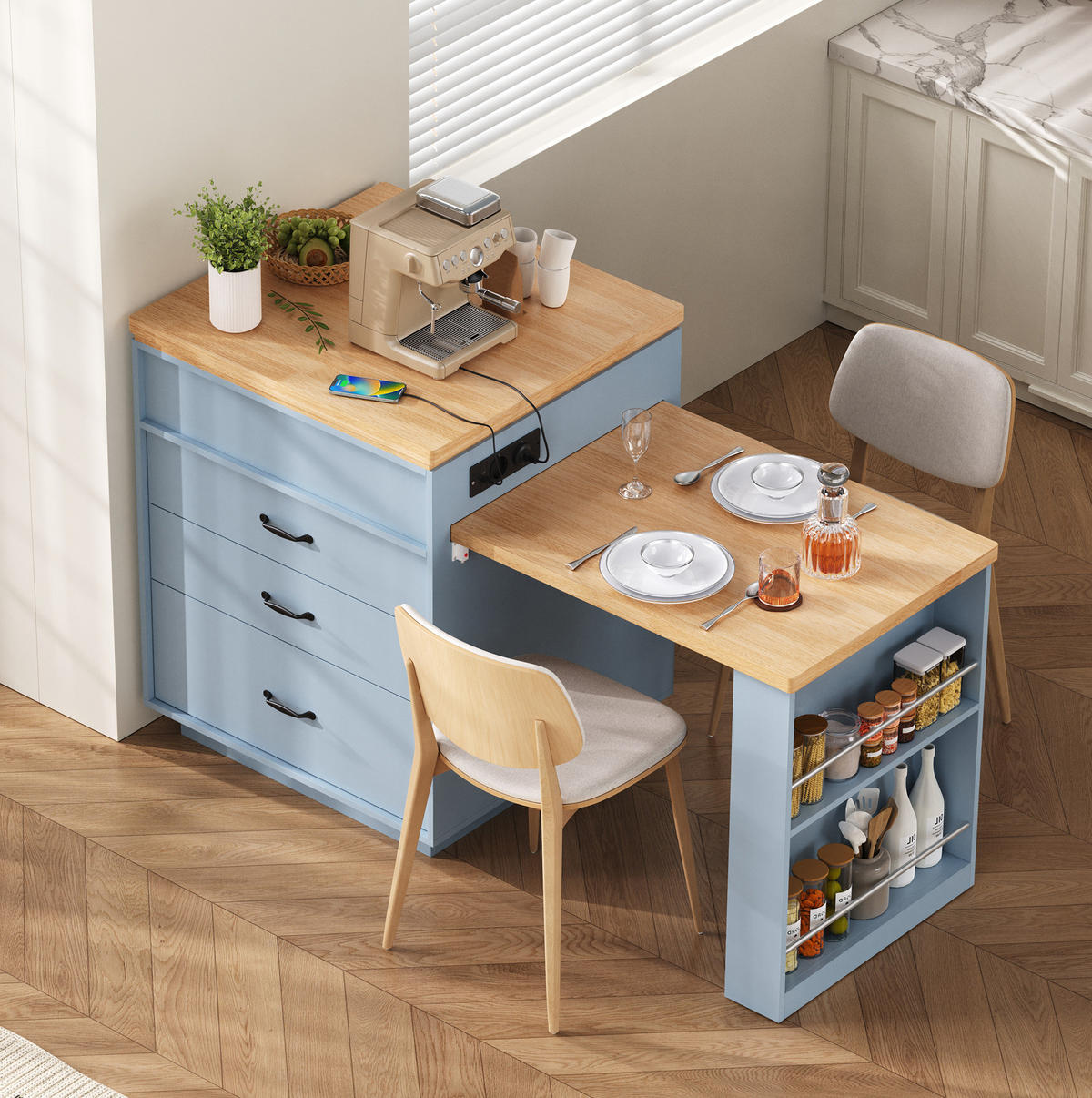 KÜCHENINSEL 125.5-187.5x71x93 cm Blau mit LED-Beleuchtung & Ladestation - Blau, Holzwerkstoff (187.5/93/71cm) - Modfu