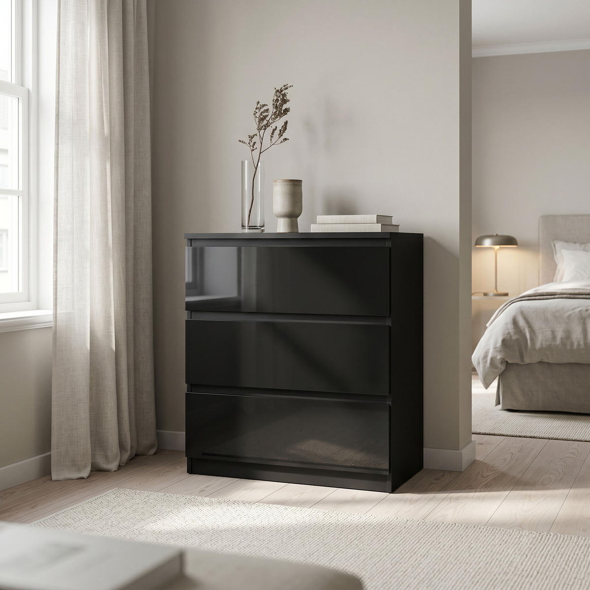 KOMMODE NUDO 70/78,5/39cm mit 3 Schubladen Türen Schwarz - Schwarz Hochglanz/Schwarz, Holzwerkstoff (70/78.5/39cm) - MASSENO