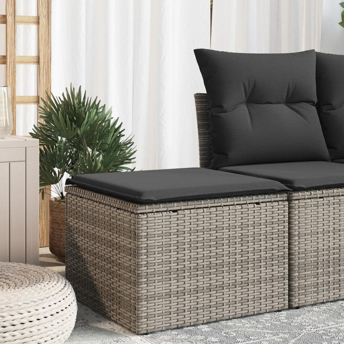 GARTENHOCKER Mit Kissen Grau 55/55/37 Cm Poly Rattan - Grau, Kunststoff (55/37/55cm) - vidaXL