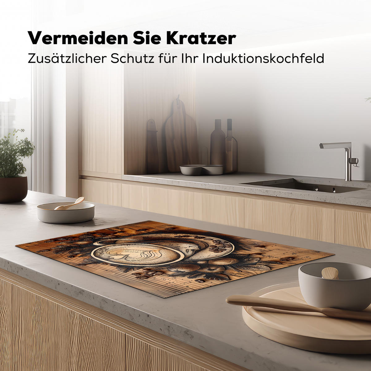 HERDABDECKPLATTE Kaffee - Vintage - Braun - Tasse - Holz Ceranfeldabdeckung 76x51.5 cm - Cappuccino, Kunststoff (76/51.5/0.2cm) - MuchoWow