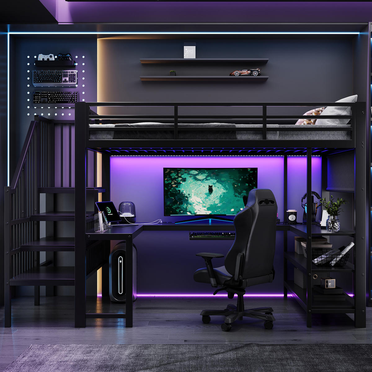 HOCHBETT 120/200 cm mit Schreibtisch und LED, DE-41757, in Schwarz - Schwarz, Metall (120/200cm) - ComfortXL