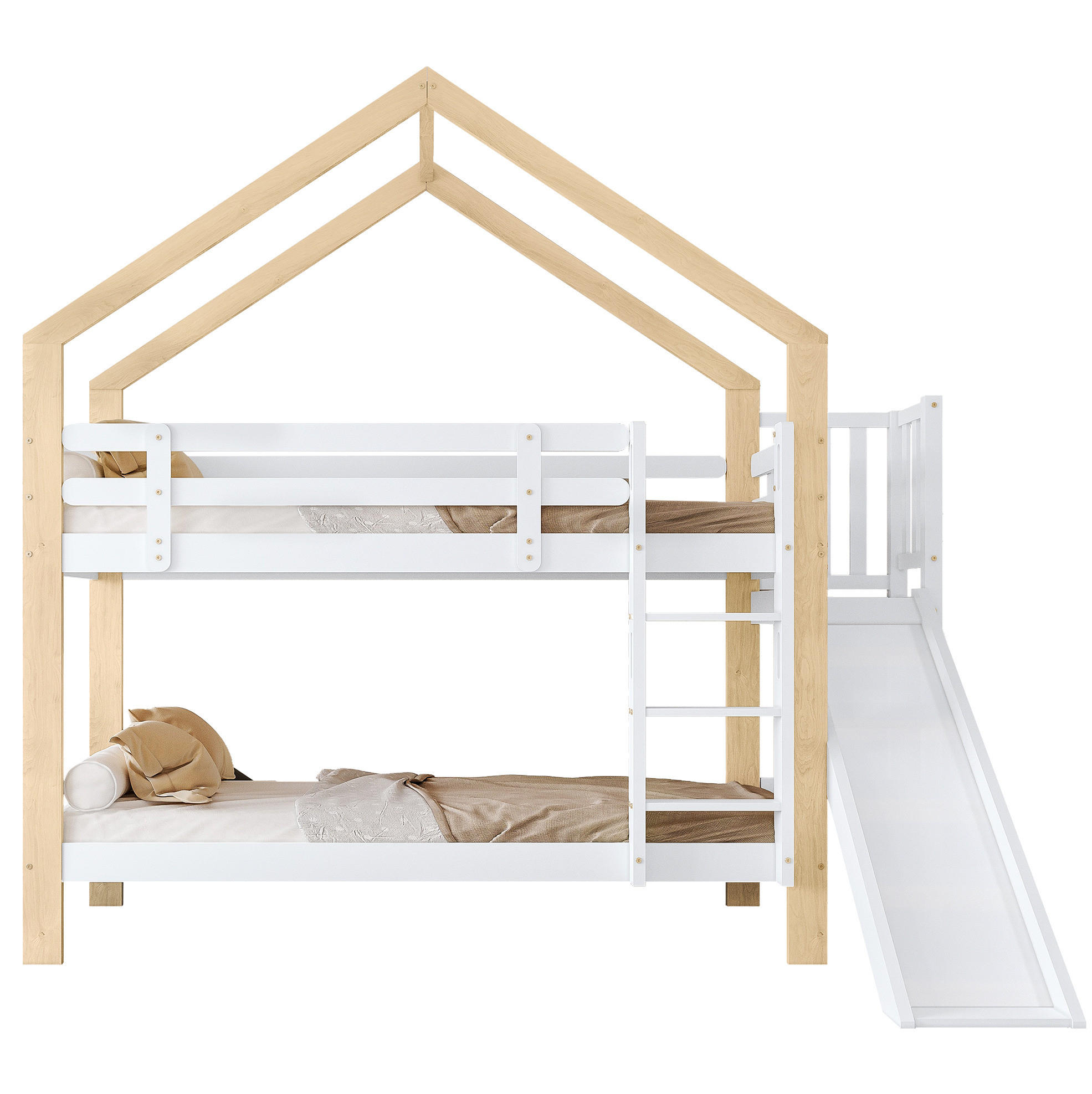 OKWISH PATROVÁ postel 90/200 cm bílá+přírodní se skluzavkou a bezpečnostním žebříkem z masivního dřeva