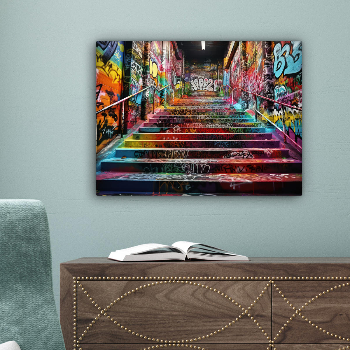 LEINWANDBILD Treppe - Graffiti - Farben - Kunst 40x30 cm - Multicolor, Textil (40/30cm) - MuchoWow