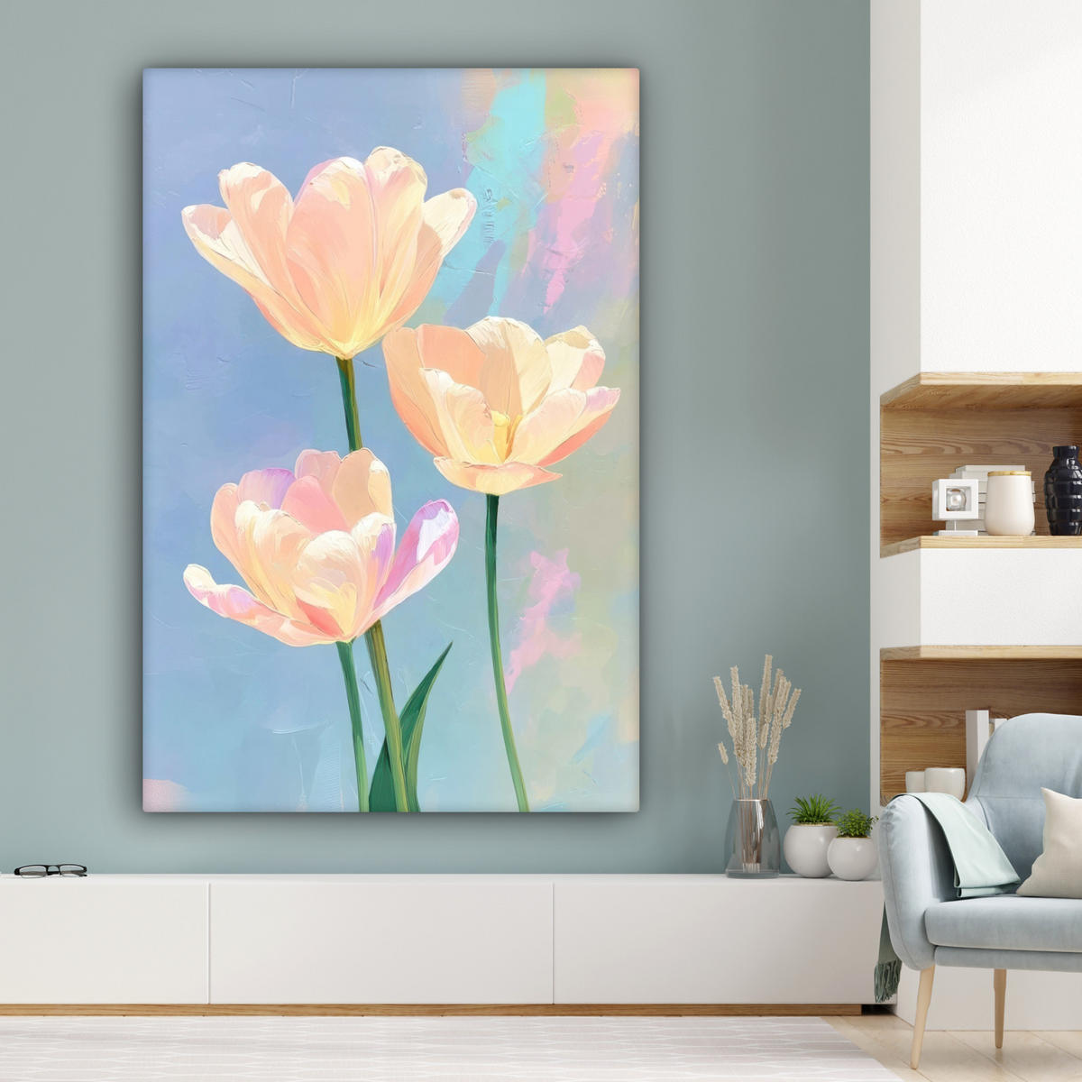 OBRAZ NA PLÁTNĚ Tulipány - růžové akcenty - modré 90x140 cm - pastelově modrá, textil (90/140cm) - MuchoWow