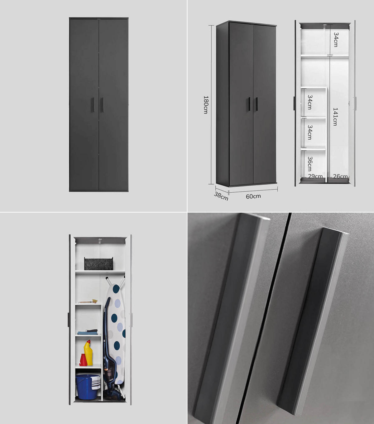 MEHRZWECKSCHRANK SET Der Allzweckwaffe - Anthrazit/Schwarz, Holzwerkstoff (60/180/34cm) - Mokebo