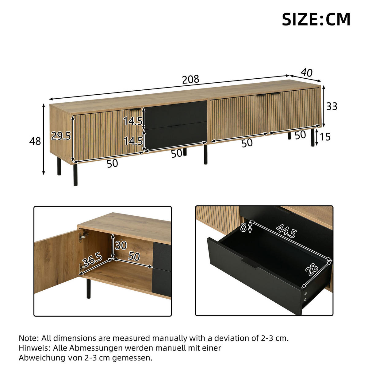 TV-LOWBOARD 208/40/48 cm schwarz/natur aus Spanplatte mit Stauraum - Schwarz, Holzwerkstoff (208/48/40cm) - OKWISH