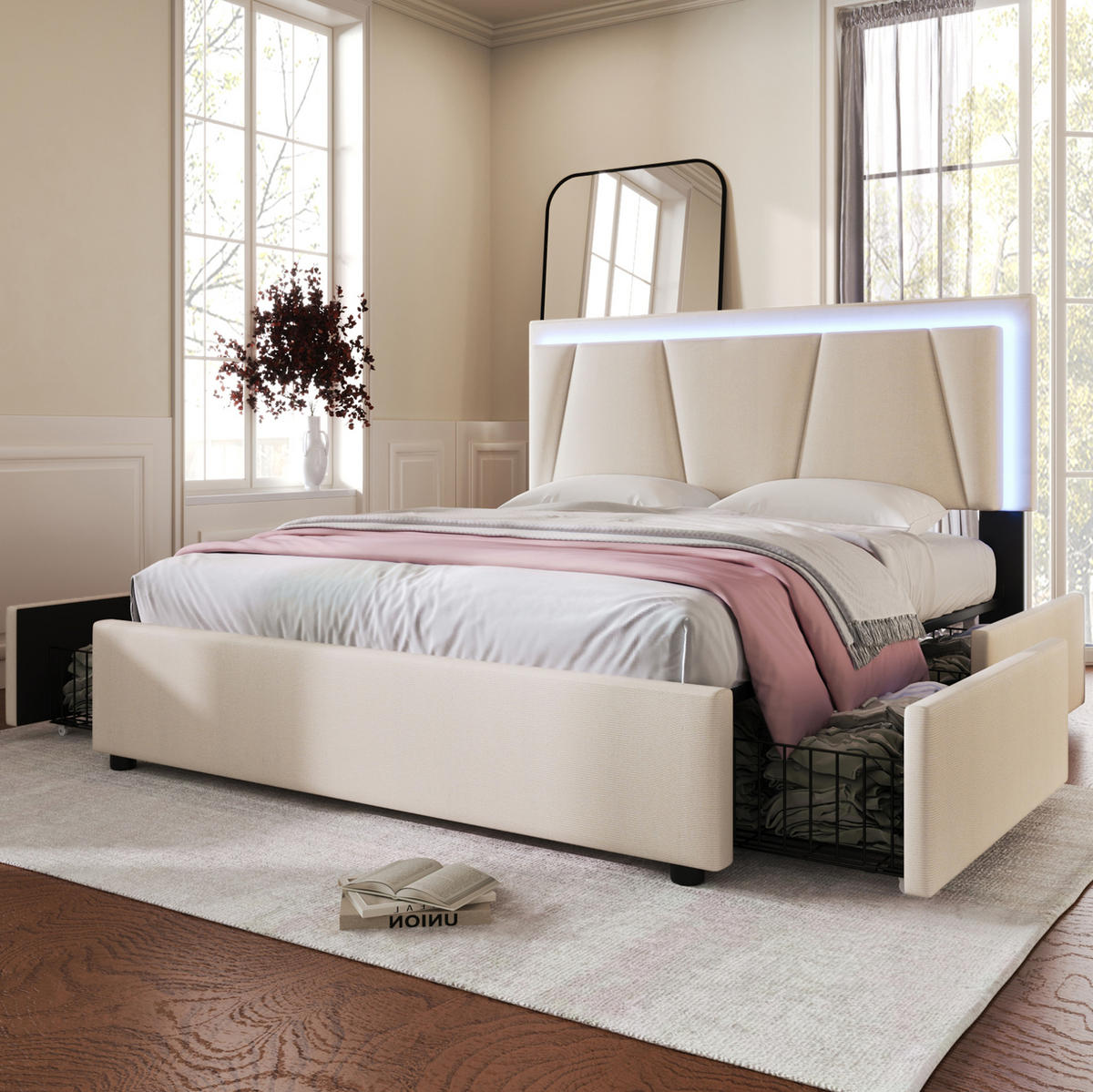 POLSTERBETT mit LED und 4 Schubladen 140x200 cm Beige - Beige, Holz (140/200cm) - Meubliv