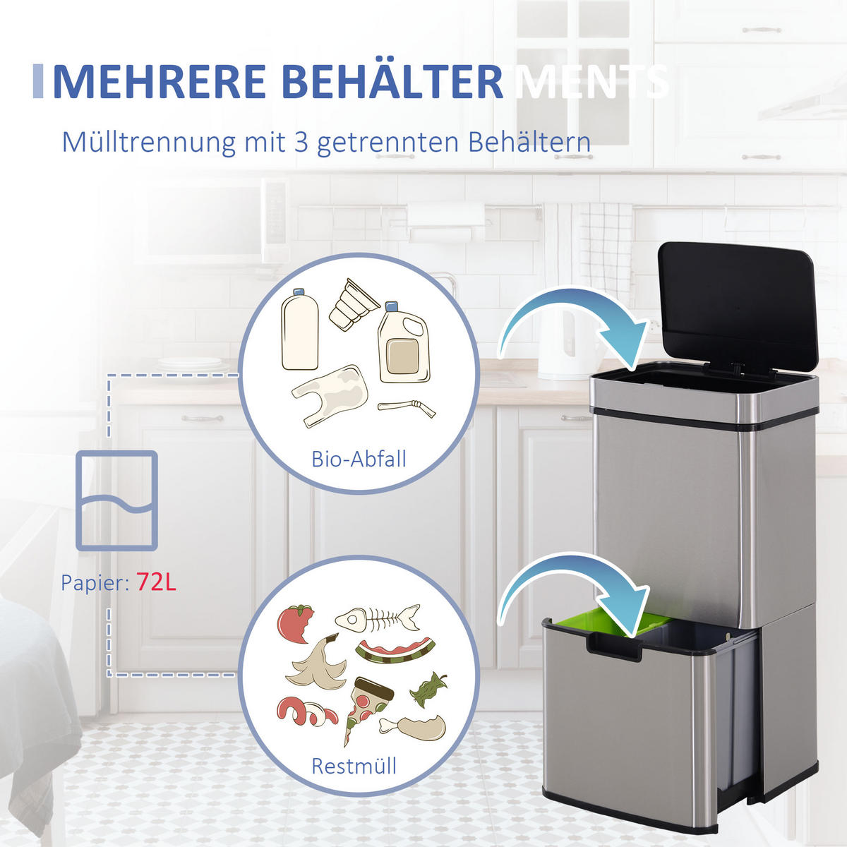 MÜLLEIMER Mülltrennsystem Abfalleimer mit Sensor 72 l 3 Fächer Edelstahl Silber - Silberfarben, Metall (30/81/42cm) - HOMCOM