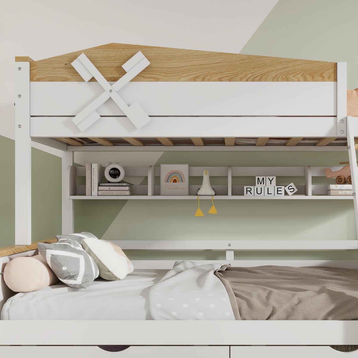 ETAGENBETT aus Kiefer und MDF 90x200/140x200 cm Weiß/Natur mit Schubladen und Regalen - Weiß, Holzwerkstoff (90/200cm) - IVMEU