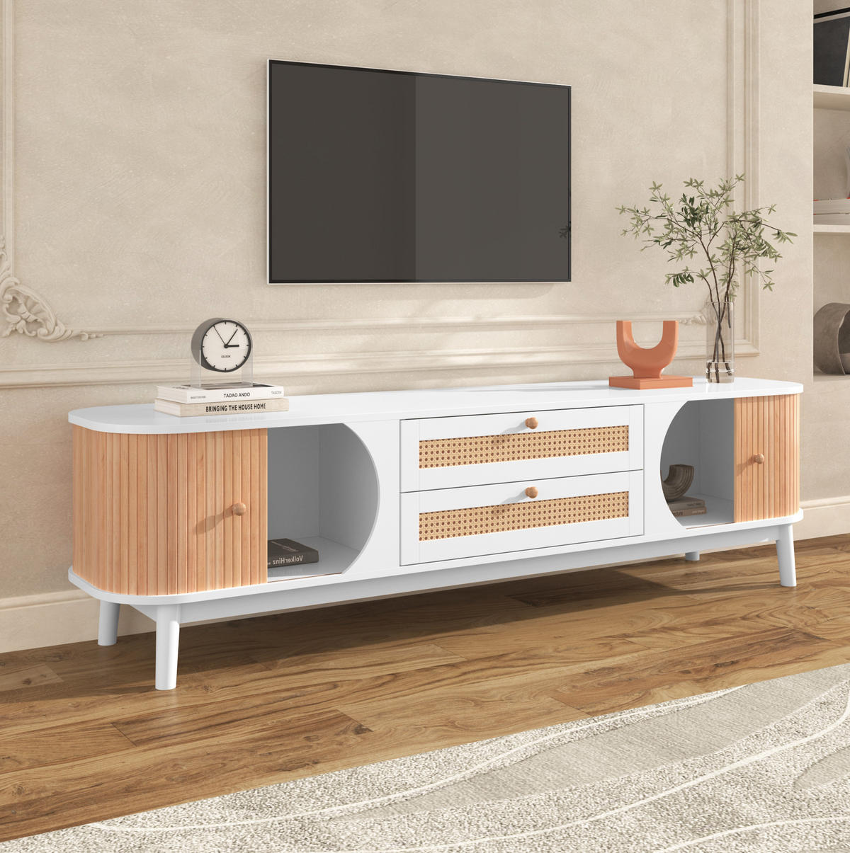 TV-SCHRANK in Weiß und Holzoptik mit Rattan-Schubladen 170/39.5/46 cm - Weiß, Holzwerkstoff (170/46/39.5cm) - Redom