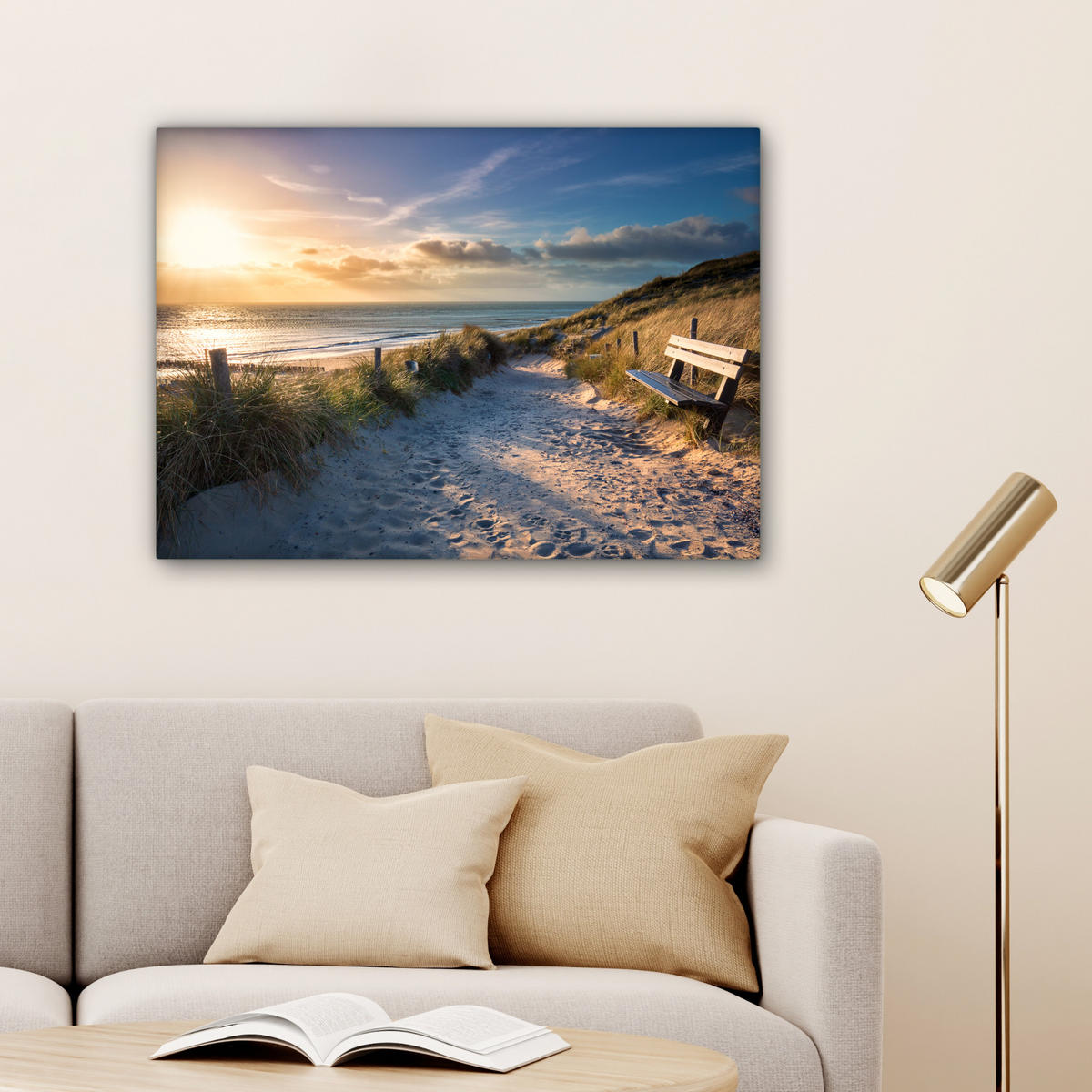 OBRAZ NA PLÁTNE Západ slnka - Pláž - Duny - Tráva - Breh 80x60 cm - piesková, textil (80/60cm) - MuchoWow