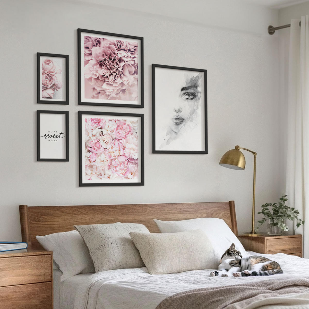 BILDER SET 5er Set - 50x50 cm & 20x30 cm & 40x60 cm Schwarzer Rahmen - Pfingstrosenporträt einer Frau zu Hause - Schwarz, Kunststoff (40/60cm) - TULUP