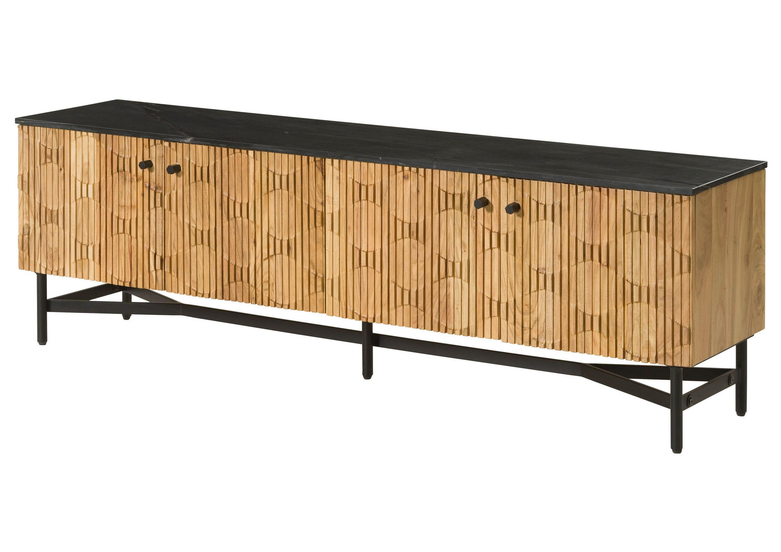 TV-BOARD Akazie 180x40x55 natur lackiert / Marmor schwarz LONDON #105 - Naturfarben, Holz (180/55/40cm) - Massivmoebel24