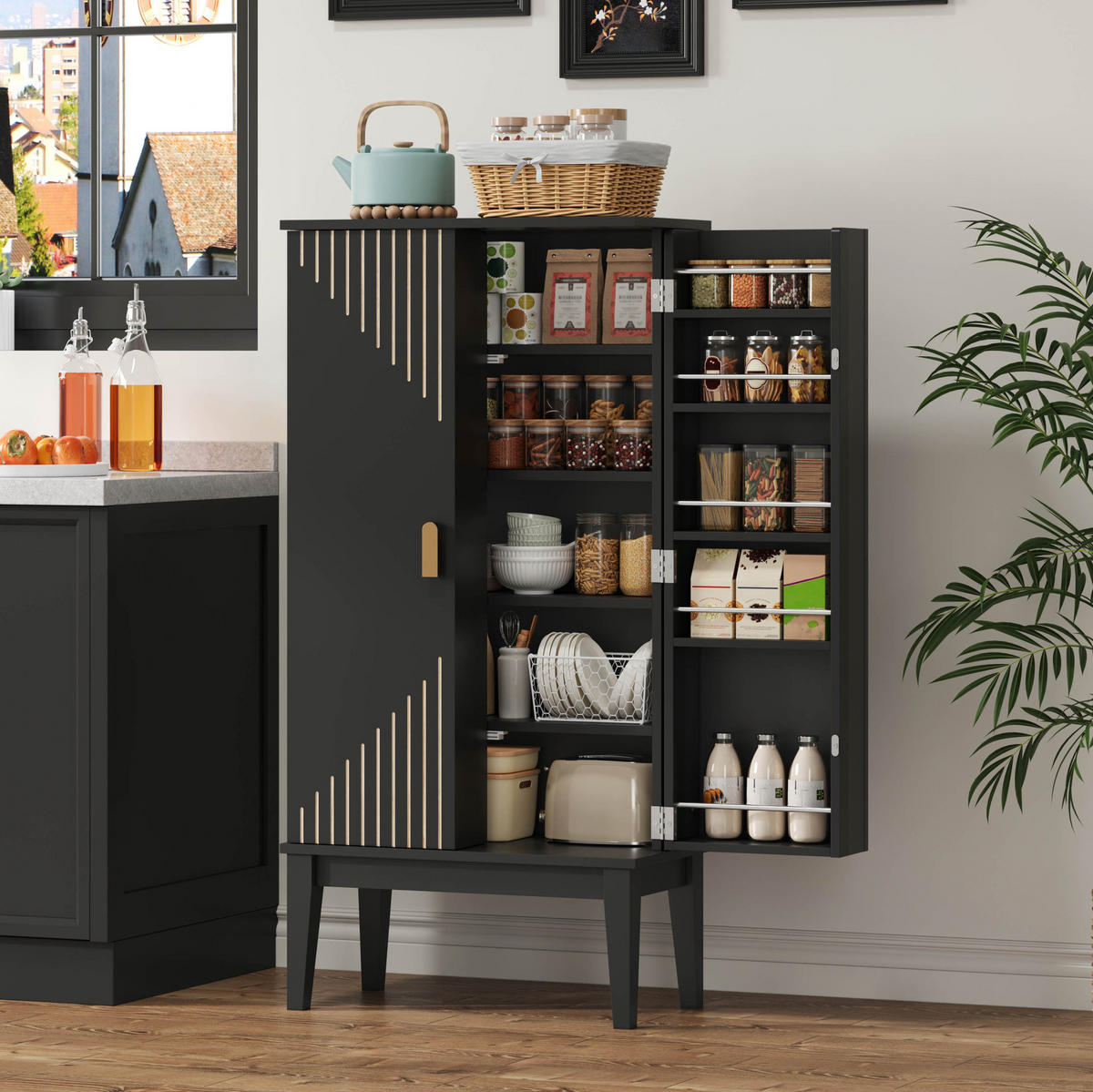 BUFFET 120/59/30 cm aus MDF mit 5 Fächern und Türablagen Schwarz - Schwarz, Holzwerkstoff (59/120/30cm) - Modenvie