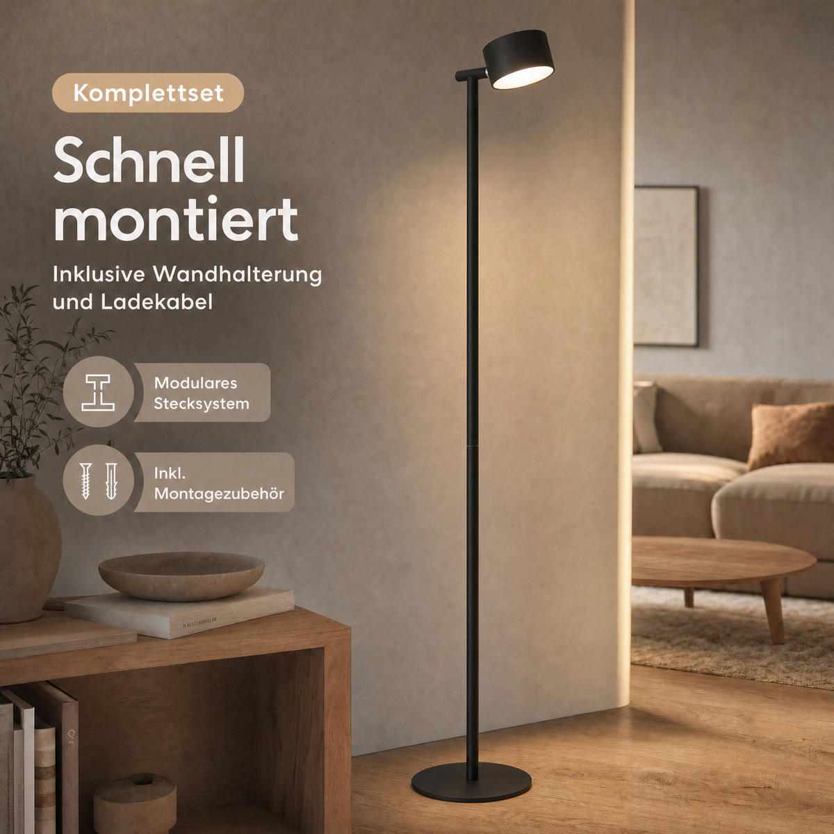 LED-AKKU-STEHLEUCHTE 3 in 1 Schwarz Höhe bis zu 120 cm Metall - Schwarz, Metall (16/16/120cm) - Northpoint