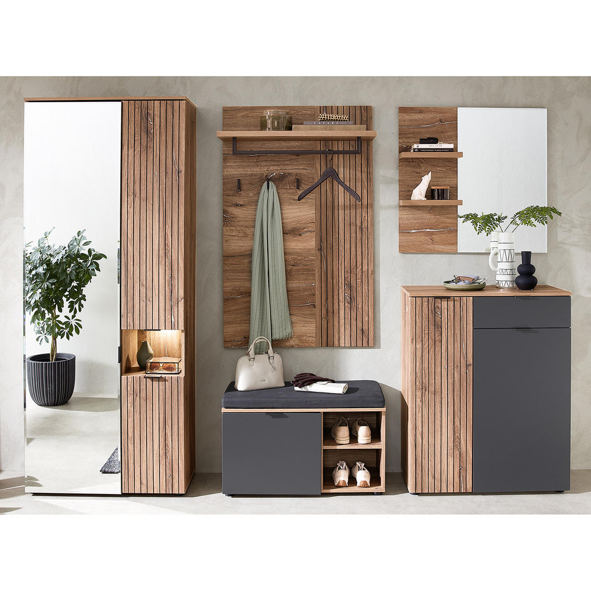 GARDEROBENBANK - Risseiche Silber Dekor / Matt Grau - Schwarz/Braun, Holzwerkstoff/Kunststoff (82/51/38cm) - home24