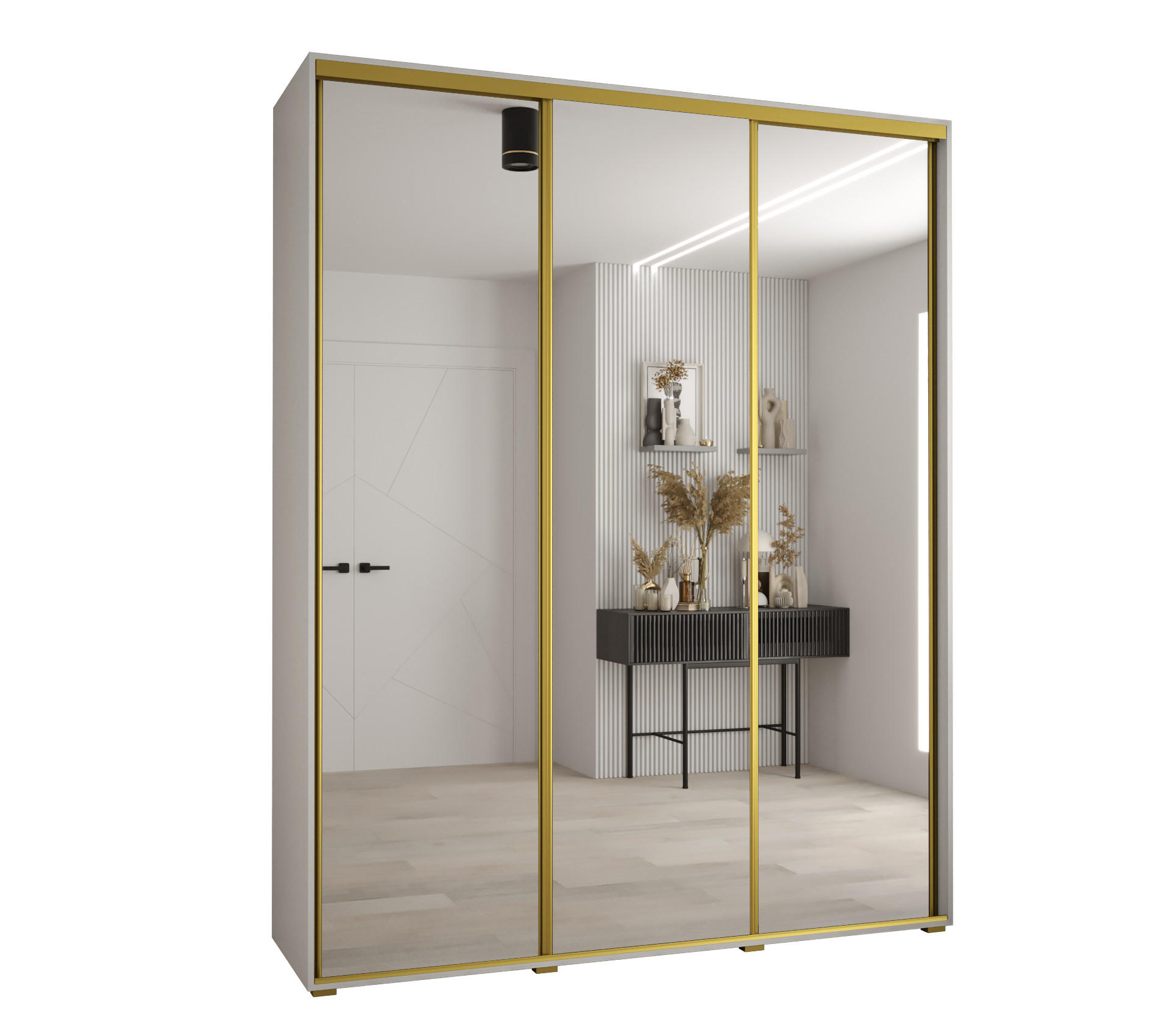 Abiks Möbel Schwebetürenschrank Weiß, Weiß, Gold 200x235x45 cm