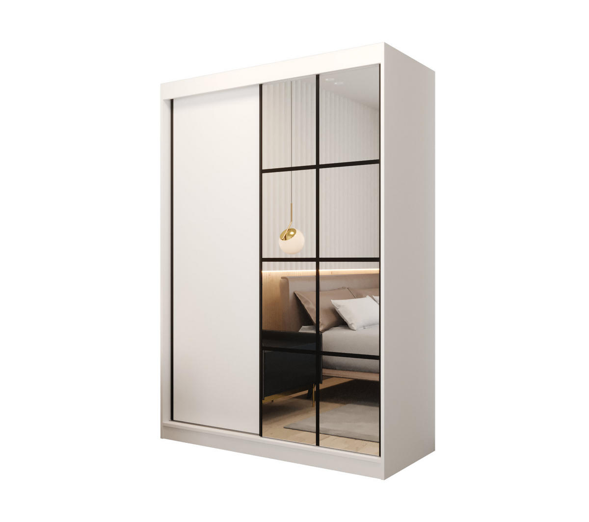 SCHIEBETÜRENSCHRANK MODENA 2 150, 2-türig Kleiderschrank mit 1 Spiegel, Moderne Garderobe, Schrank in Größe: 150 x 216 x 65 cm - Schwarz/Weiß, Holzwerkstoff (150/216/65cm) - O-Sofa