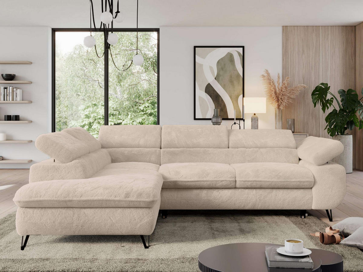 ECKSOFA PEDRO L Ecru Plüsch - Links Seite - Ecru/Schwarz, Textil/Metall (208/273cm) - MKS